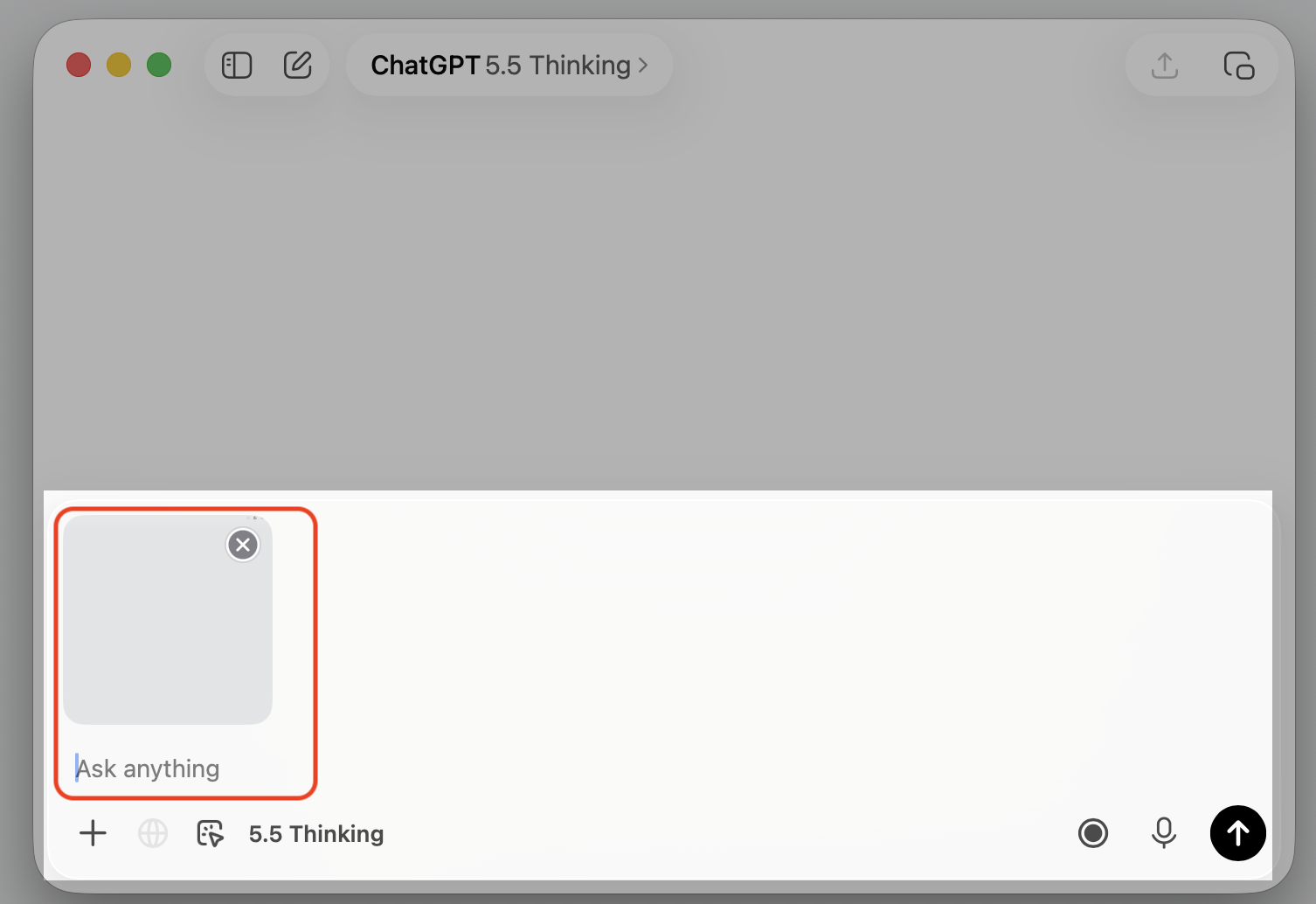 ChatGPT macOS app on a Mac showing the captured screenshot thumbnail attached in the message field, ready for a question.