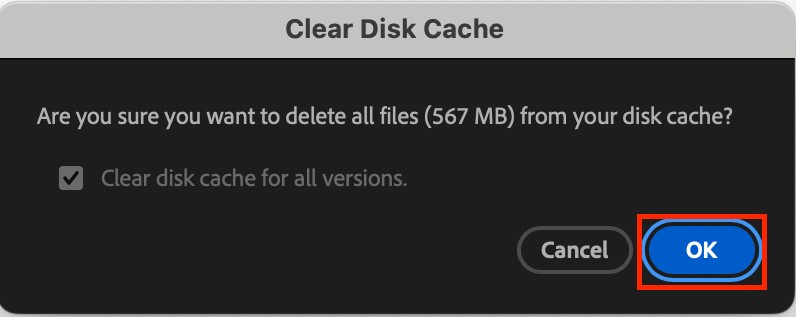 Adobe After Effects Clear Disk Cache confirmation dialog on Mac with the OK button highlighted to confirm deleting all disk cache files.
