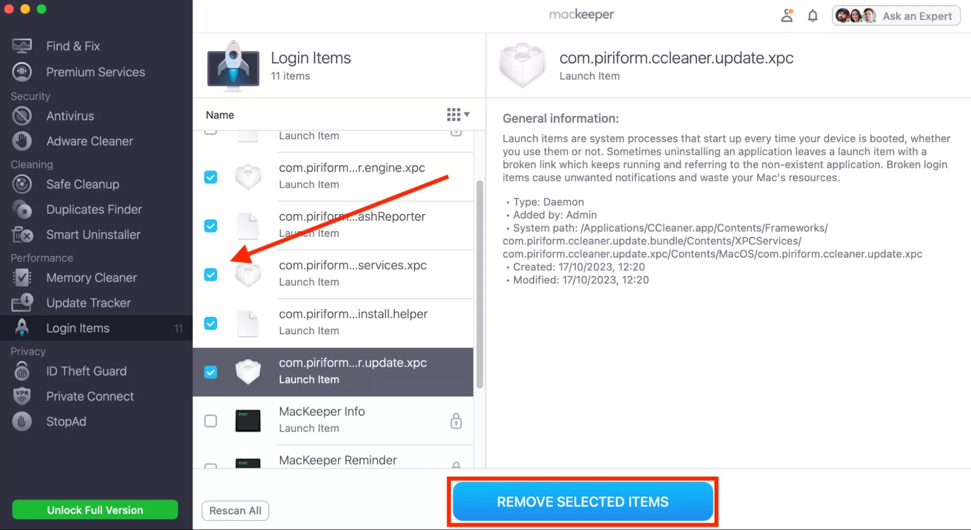 When MacKeeper's Login Items tool has finished scanning your Mac, look through the list of login items, select what to remove, and click 'Remove Selected Items'. They'll no longer load at startup.