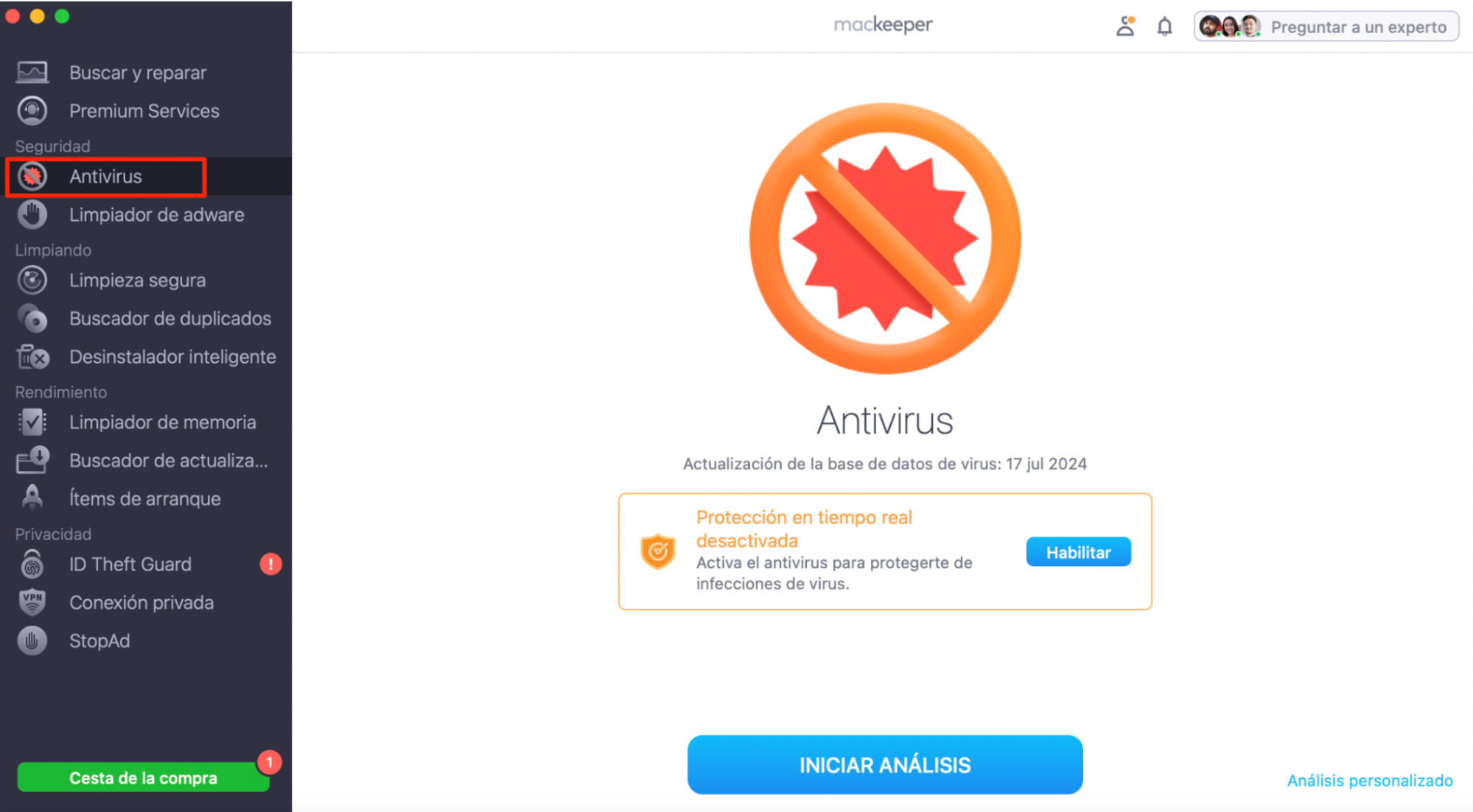 Haz clic en Antivirus > Activar > Iniciar análisis. Alt: Imagen que muestra el software Antivirus de MacKeeper en un dispositivo Mac. Puede ayudar a los usuarios a arreglar una pantalla negra cuando falla el reinicio del Mac.