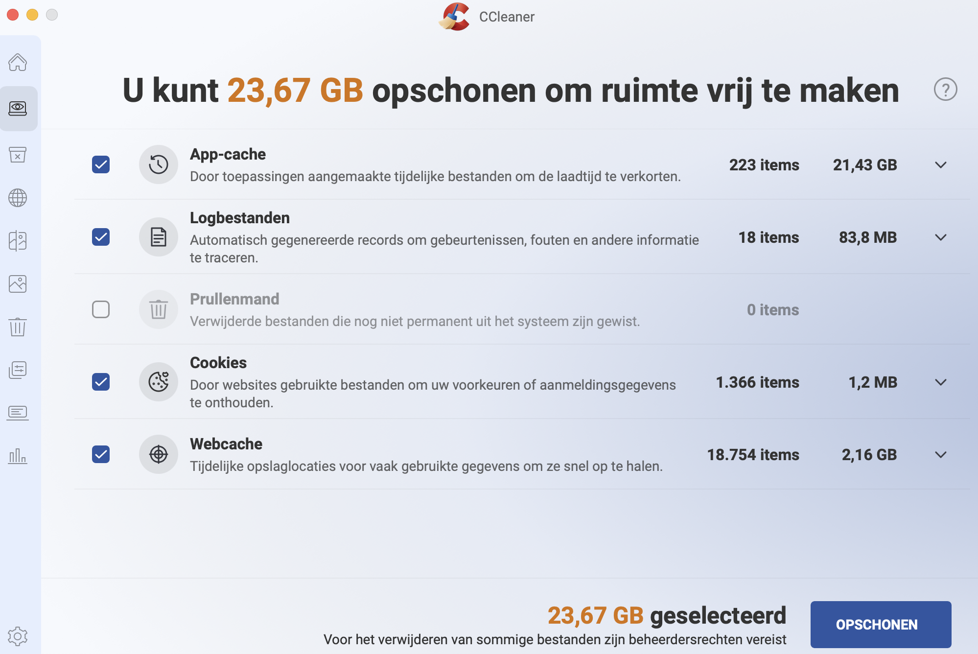 Met CCleaner voor Mac kun je rommelbestanden, zoals app caches, scannen en verwijderen. Zodra de scan is voltooid, kun je op ‘Opschonen’ klikken om deze bestanden te verwijderen.