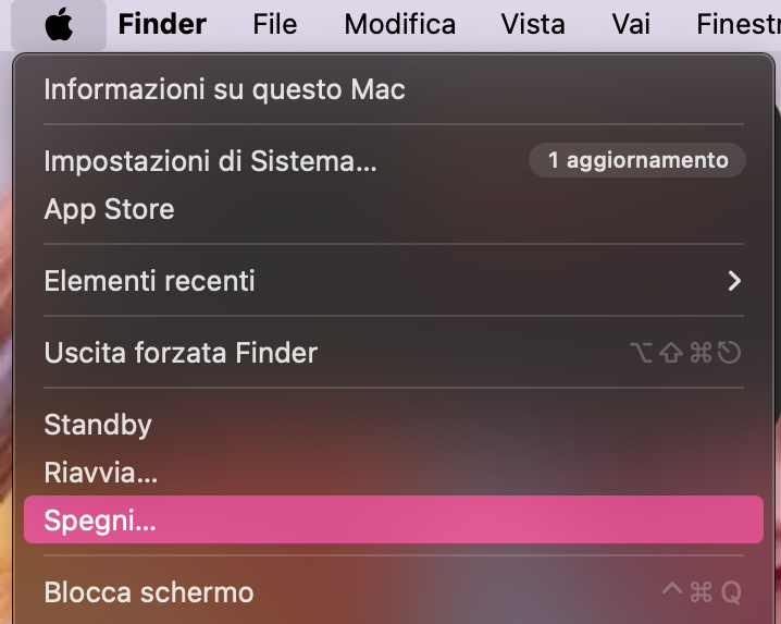 L’opzione Spegni nel menu Apple su Mac. Spegni il Mac prima di avviare in Modalità Sicura per riparare file potenzialmente corrotti.