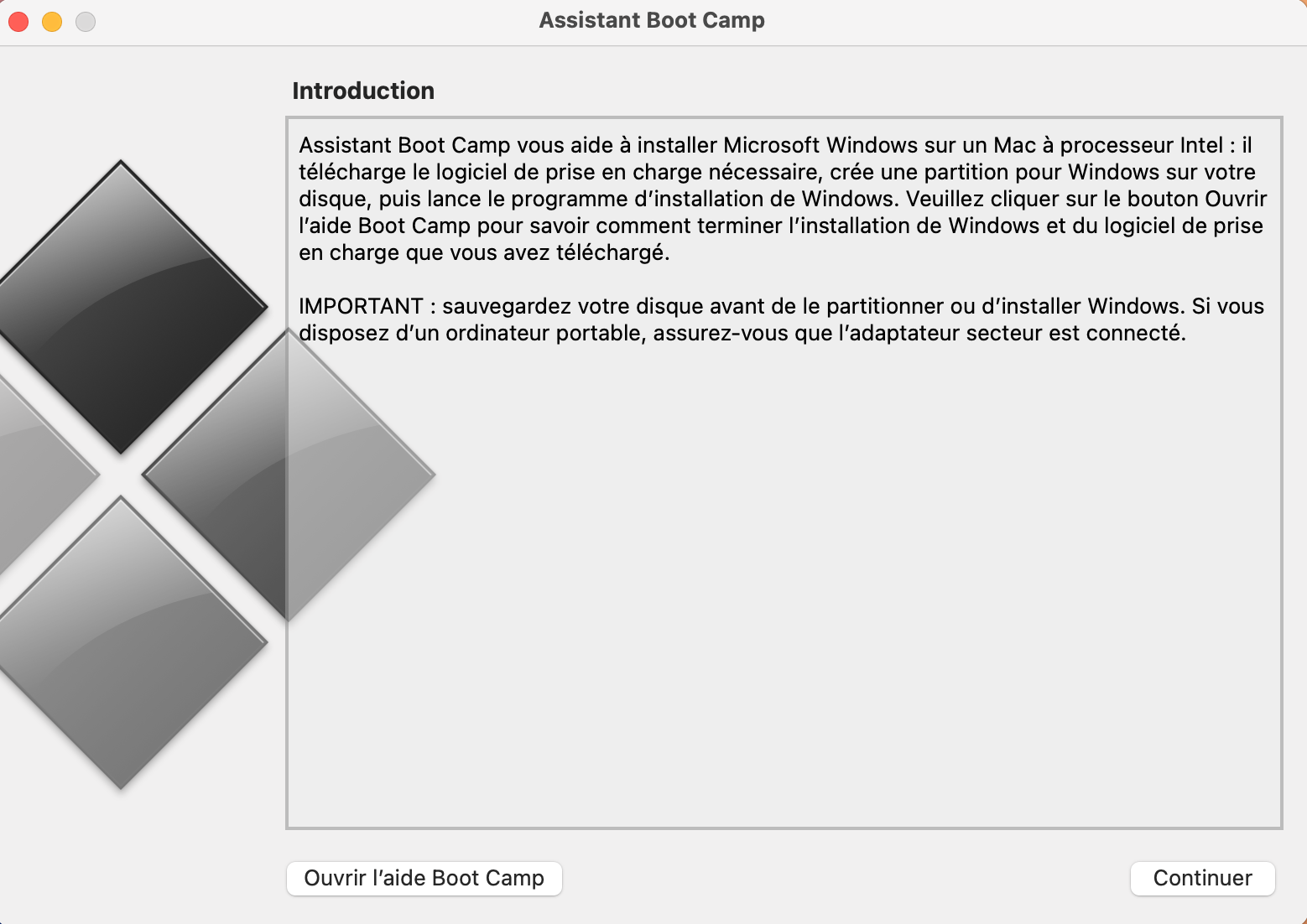 Après avoir lancé l’Assistant Boot Camp, il vous sera proposé d’installer Windows. Faites tout d’abord cela en cliquant sur Continuer.