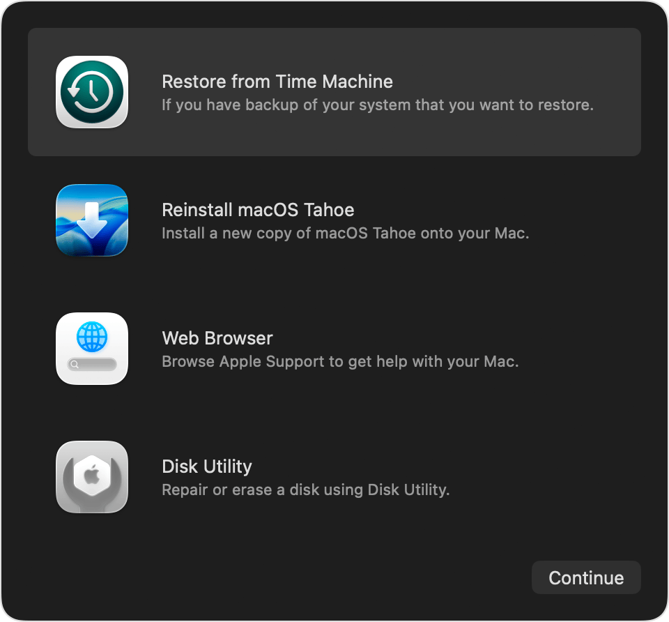 The Recovery screen on Mac shows all recovery options. To restore data from a backup drive, select Disk Utility, then click Continue.