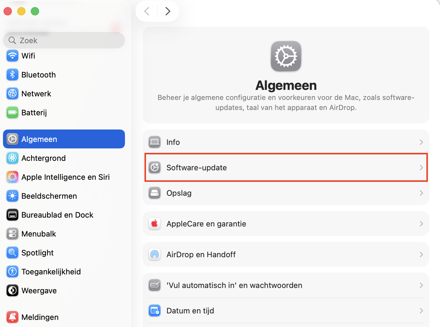 Het pictogram Software-update geselecteerd in Systeemvoorkeuren, gemarkeerd met een rood kader, als de eerste stap om macOS-updates te beheren