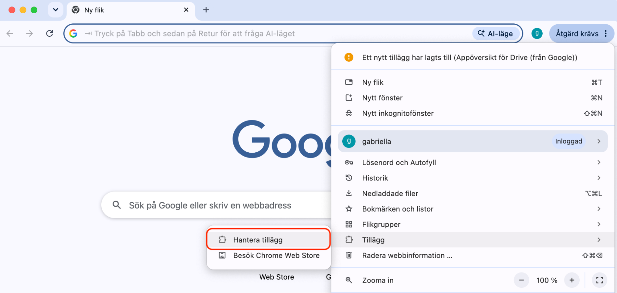 I Google Chrome på Mac klickar du på de tre punkterna längst upp till höger och väljer sedan Tillägg > Hantera tillägg.