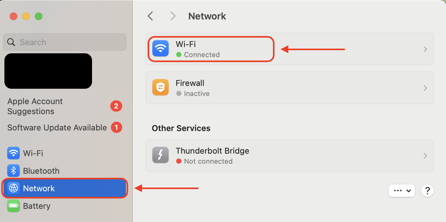Open System Settings, select Network from the sidebar, then click on Wi-Fi to access and manage your wireless network settings.