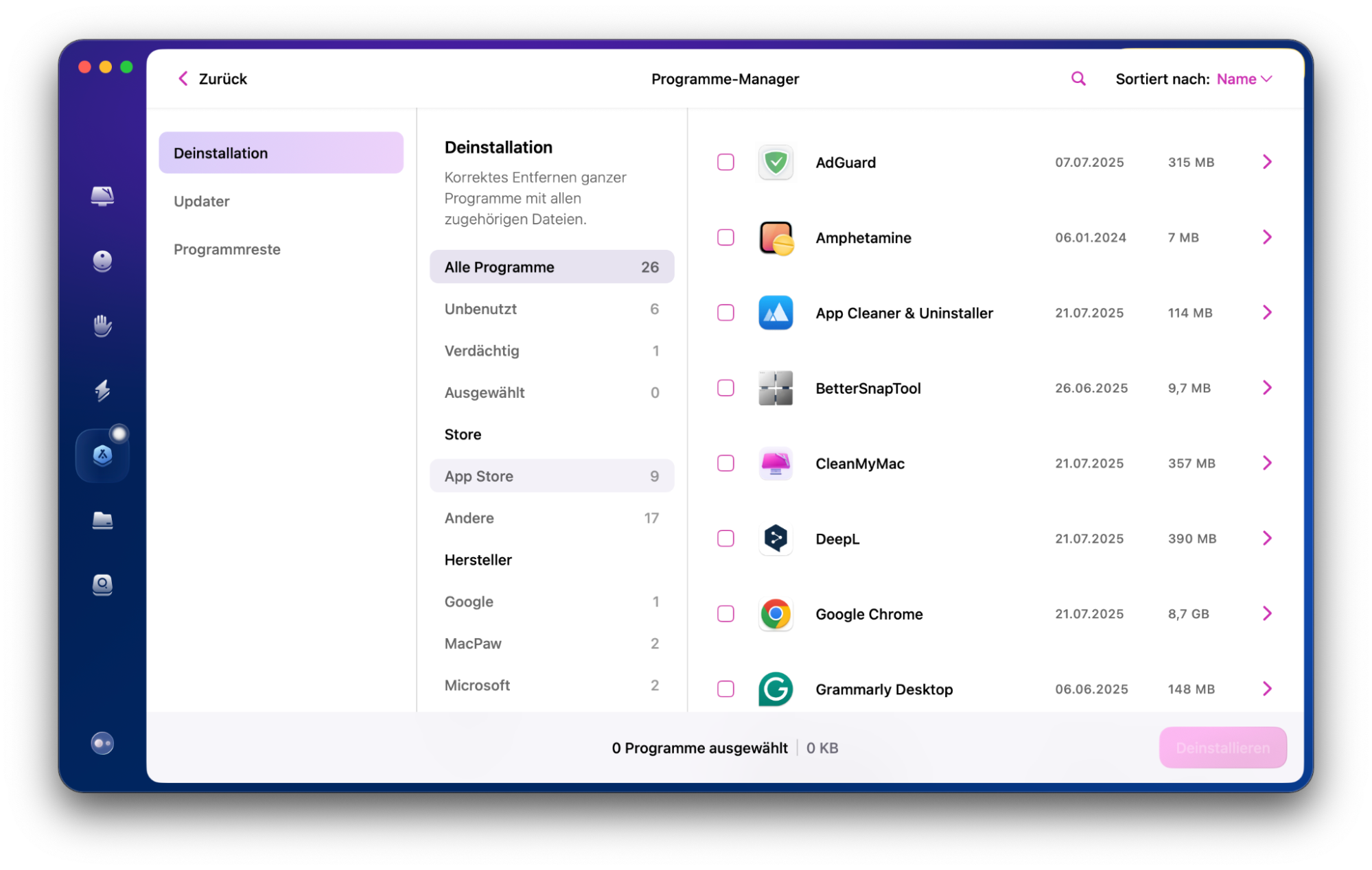 Mit dem Deinstallationsprogramm von CleanMyMac X können Sie die Scan-Ergebnisse filtern, unter anderem nach Anbieter und danach, ob sie aus dem Mac App Store installiert wurden oder nicht.