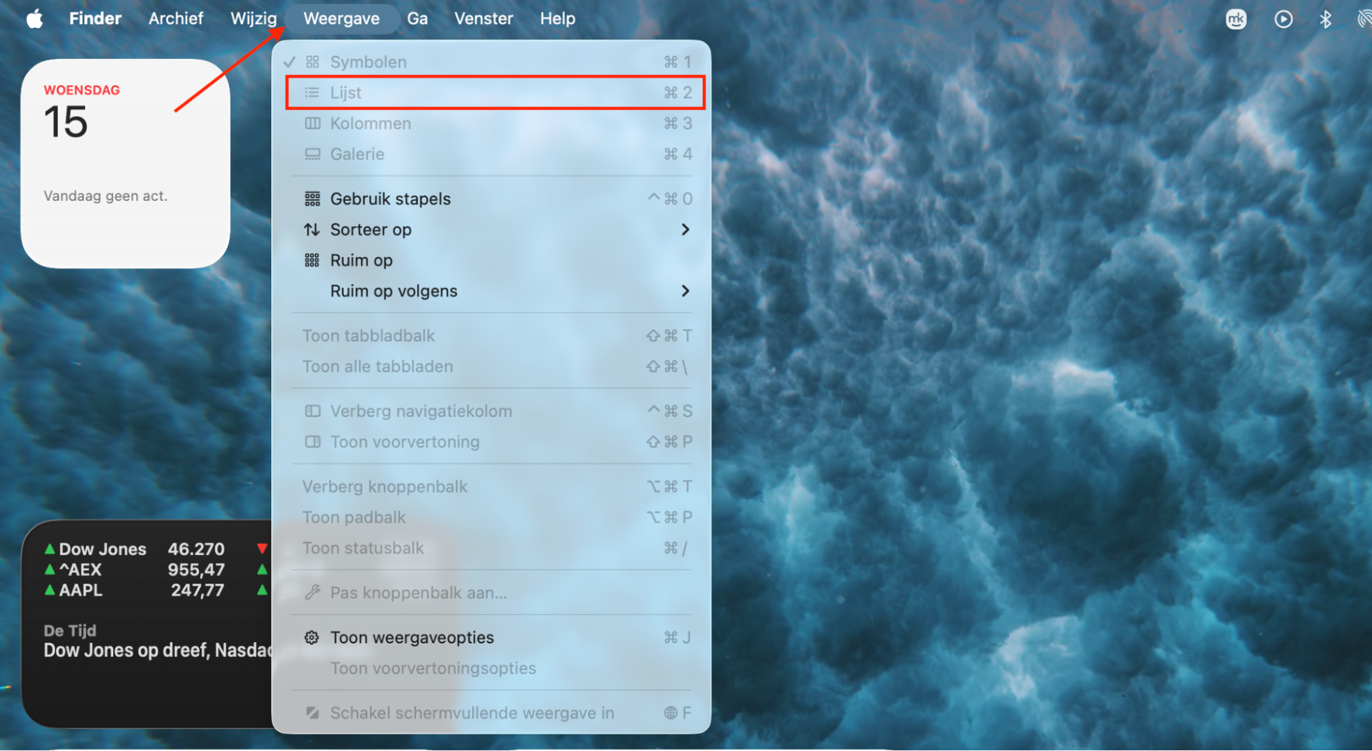 Het menu Weergave in Finder op de Mac. Om je bestanden op grootte te sorteren en zo schijfruimte vrij te maken op je Mac, selecteer je eerst ‘Als lijst’.