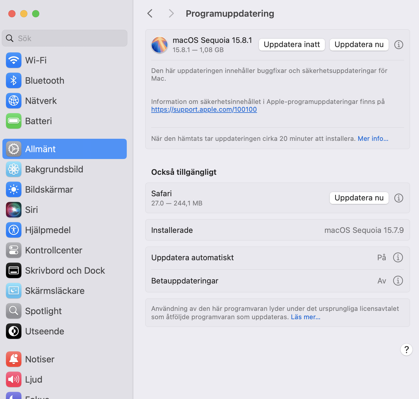 Om det finns uppdateringar tillgängliga ser du dem i avsnittet Programuppdatering. Klicka på knappen Uppdatera nu och följ instruktionerna.