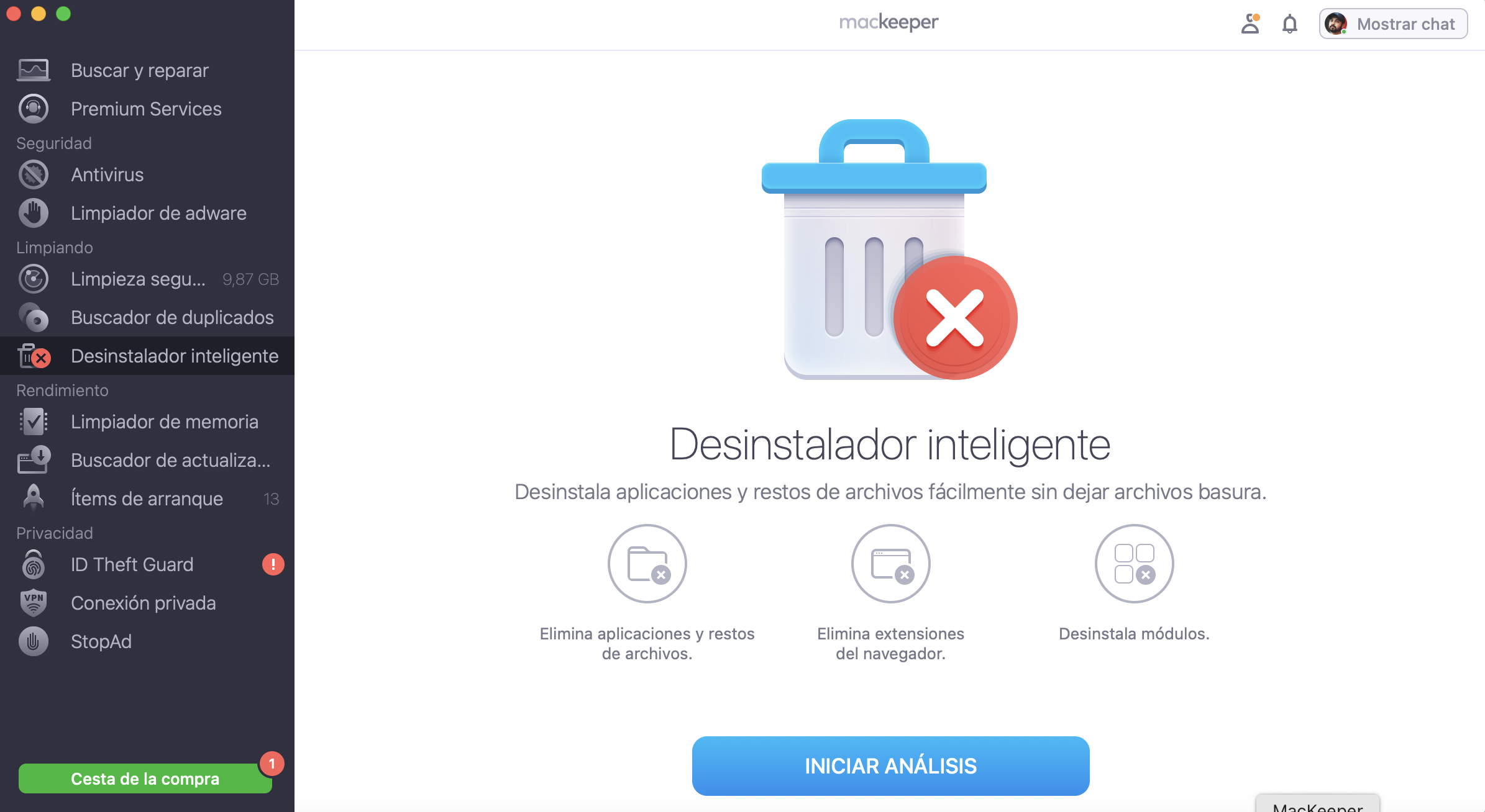 Herramienta de desinstalación inteligente de MacKeeper en Mac. Puedes utilizar el desinstalador inteligente para eliminar aplicaciones no deseadas y archivos sobrantes que ocupan espacio.