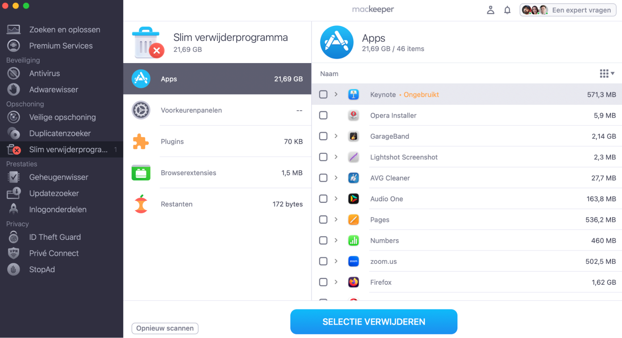 Zodra MacKeeper de scan van je computer heeft voltooid, kun je de lijst met apps bekijken en de apps aanvinken die je wilt verwijderen. Wanneer je de gewenste app hebt geselecteerd, klik je op de knop Selectie verwijderen.