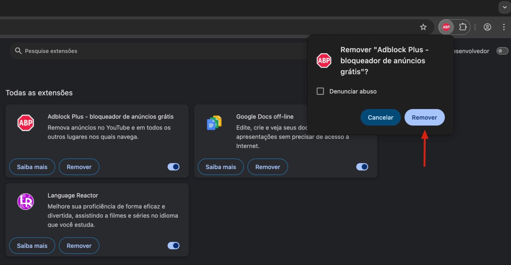 Para finalizar o processo de desinstalação das suas extensões do Chrome no Mac, clique em Remover no pop-up que apareceu.