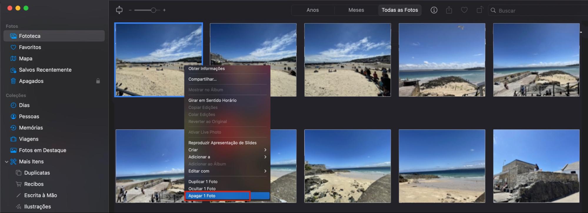 Um menu contextual que aparece ao clicar com o botão direito em um item no aplicativo Fotos no Mac. Você pode usar a opção Apagar para remover fotos e vídeos antigos que não deseja, liberando espaço no disco.