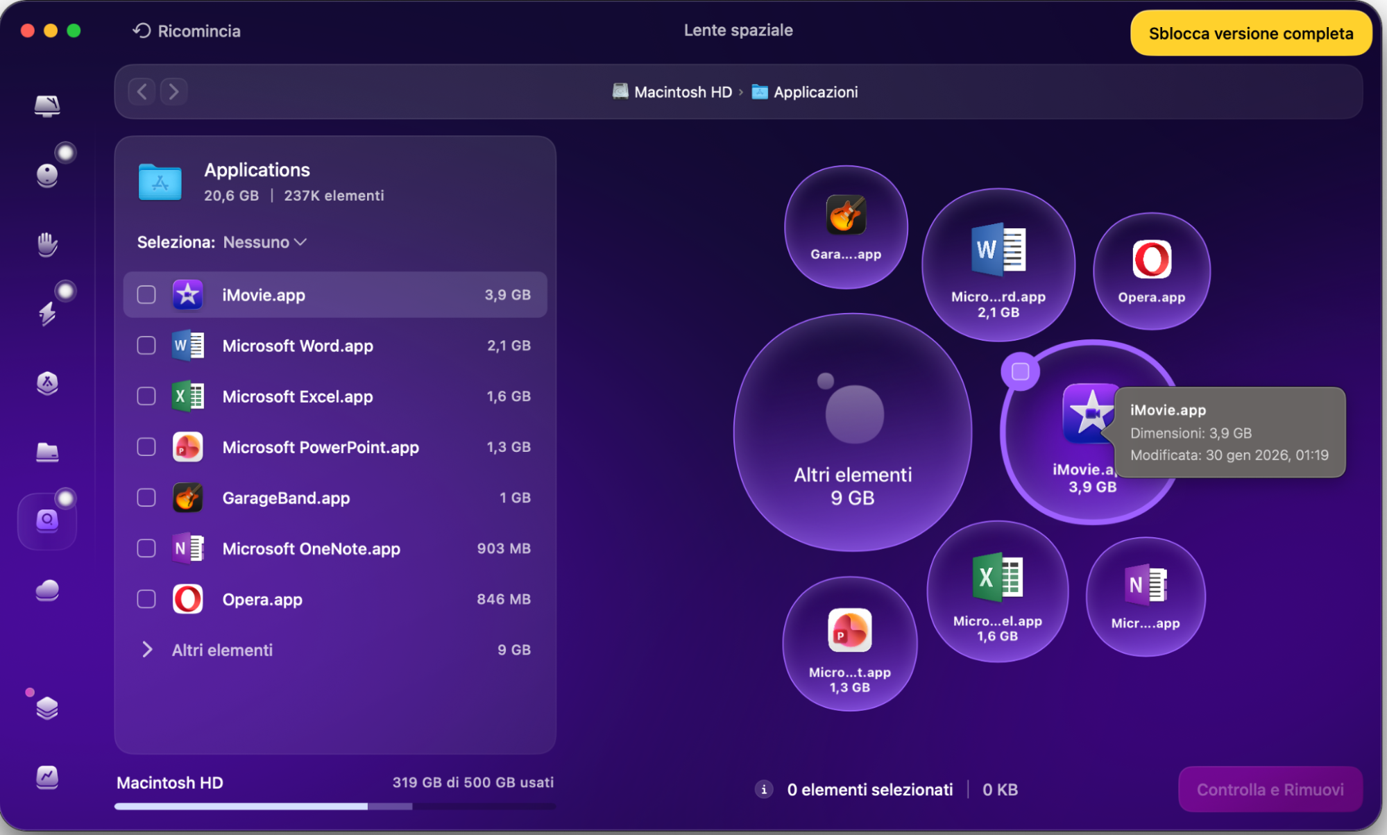 Lo stesso si può fare all’interno dell’app CleanMyMac. Qui, però, non c’è una funzione separata per questo. Vai invece nella sezione Lente Spaziale sulla sinistra e controlla l’app che sospetti lasci molti file di cache sul tuo Mac.