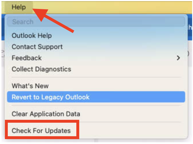 The Check for Updates option in the Outlook Help menu on Mac. Install Outlook updates to fix potential bugs that may lead to Exchange password required errors.