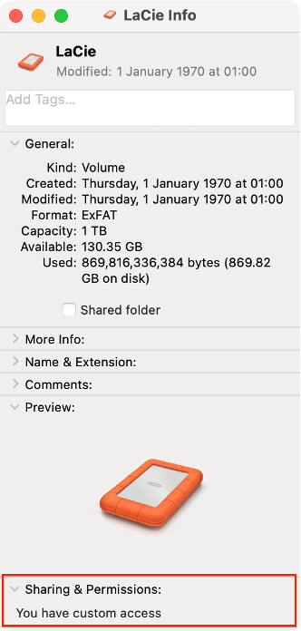 To check disk permissions on your Mac and solve the 69877 couldn’t open device error for good, check what kind of access you have under Sharing & Permissions.