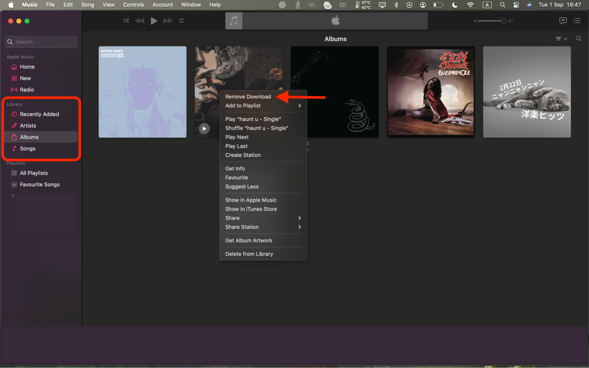 Apple Music app Library on macOS with a right-click menu open and Remove Download highlighted to delete downloaded songs and free disk space.