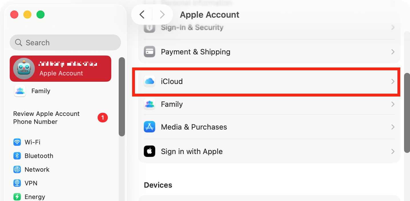 You may be able to fix your searchpartyuseragent issues by turning off Find My. First, select your Apple ID in System Settings, then click 'iCloud'.