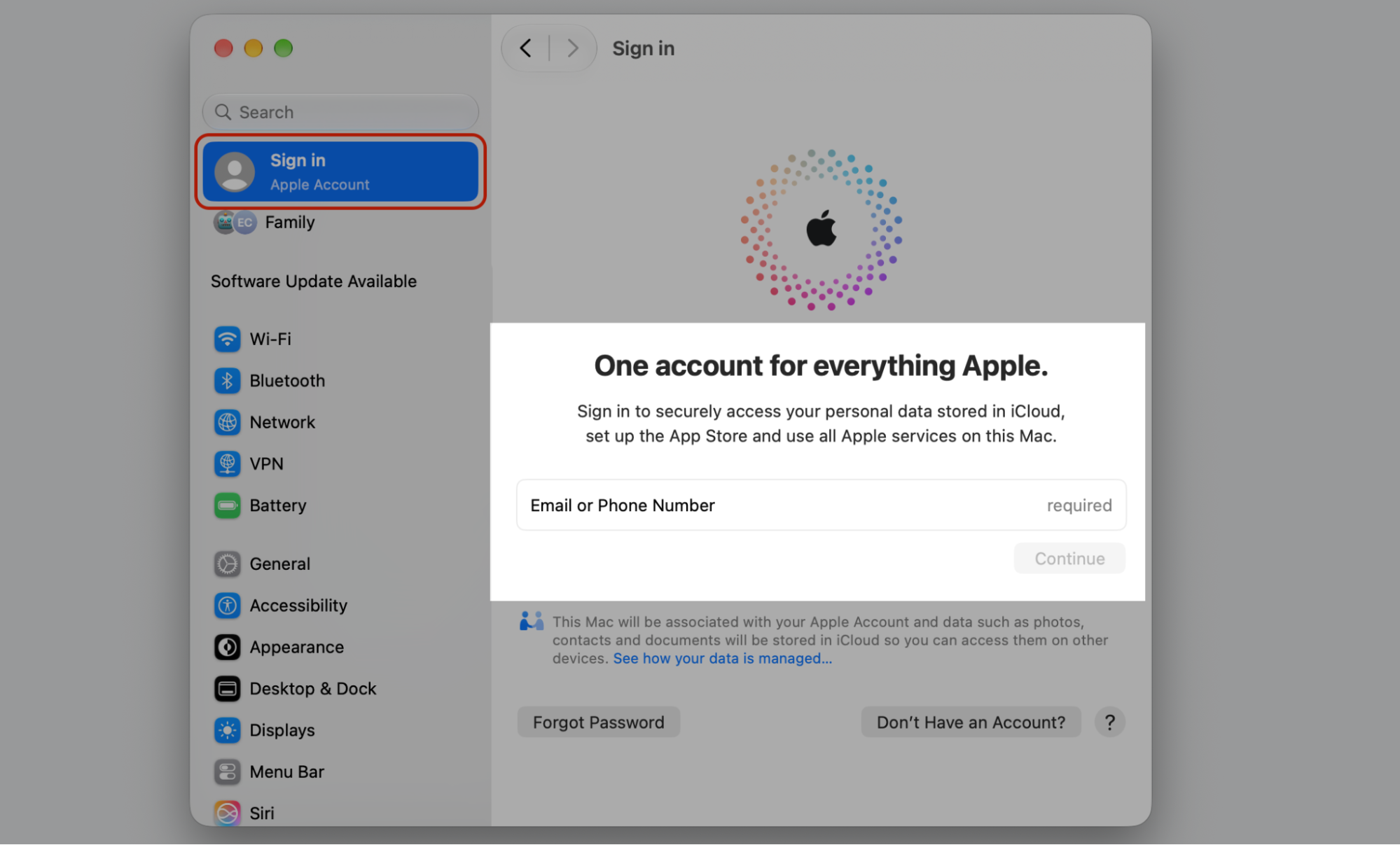 The iCloud sign-in screen in System Settings on a new Mac, entering your Apple Account to add the computer to iCloud Keychain syncing.
