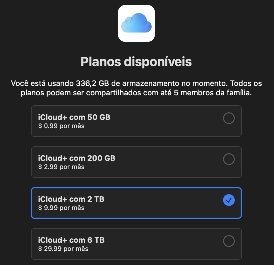 Quando suas opções aparecerem, você pode escolher um mínimo de 50GB—até 12TB. Escolha o que achar mais adequado para suas necessidades.