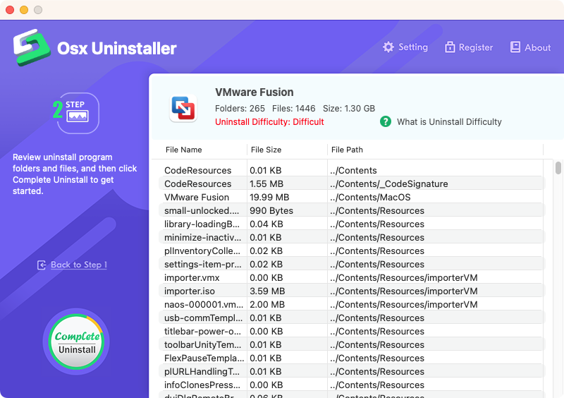Mit Osx Uninstaller wählen Sie jede App aus, scannen sie und erhalten dann die Ergebnisse. Außerdem erhalten Sie eine Bewertung der Deinstallationsschwierigkeit.