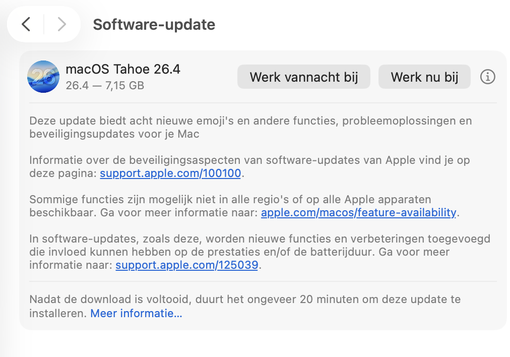 Het venster Software-update toont de beschikbare updates voor je MacBook. Als je je systeem wilt bijwerken,  Werk nu bij.