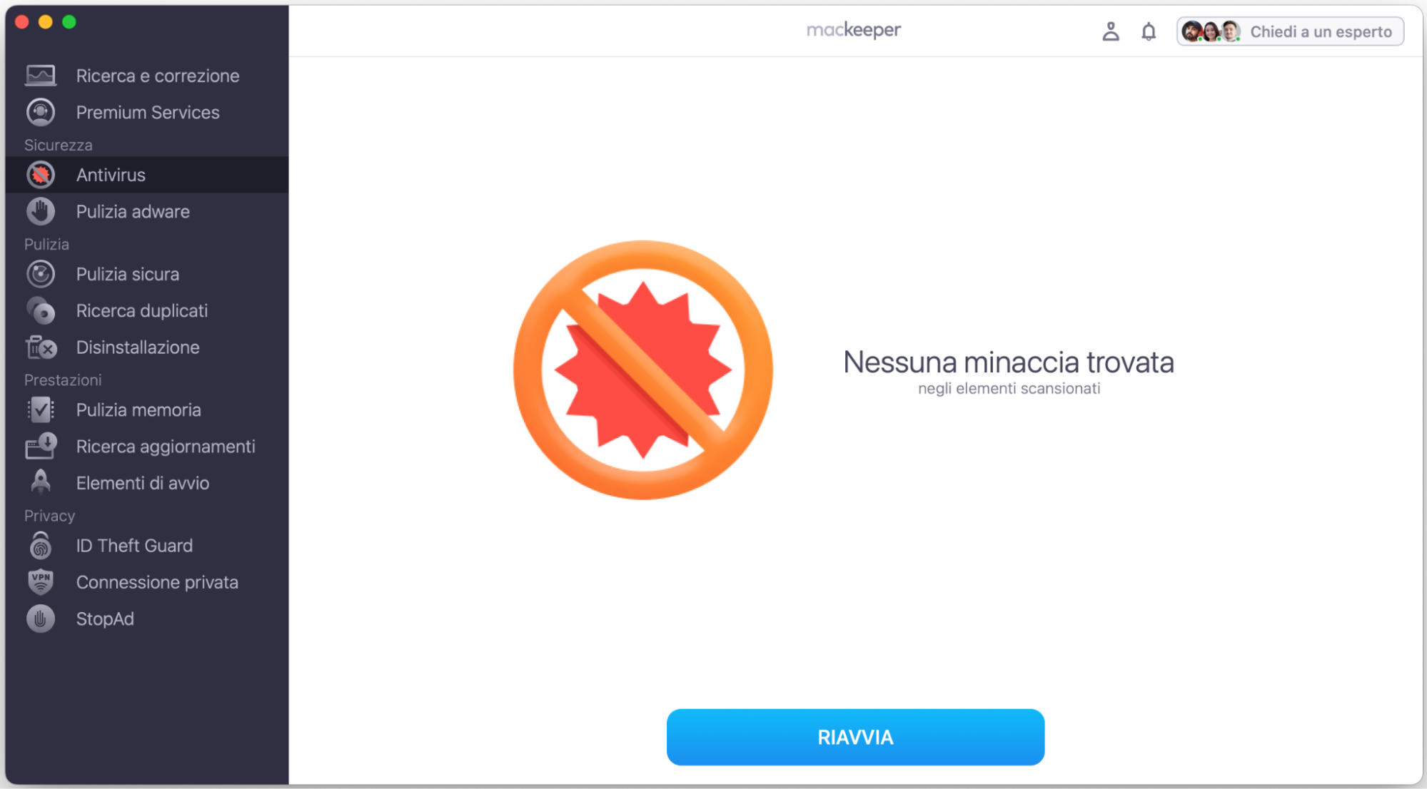 Se l’Antivirus di MacKeeper rileva una minaccia, la vedrai dopo la scansione. Rimuovila oppure spostala in quarantena seguendo le istruzioni sullo schermo.