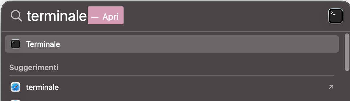 Apri Spotlight sul tuo Mac e digita Terminale. Quando l’app compare nei risultati, selezionala per aprirla e procedere con la pulizia della RAM sul Mac.