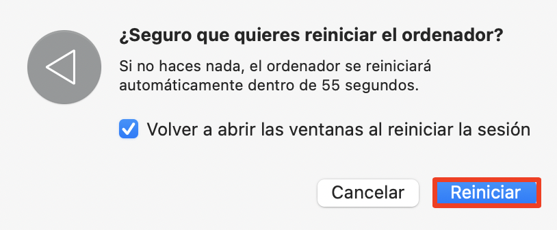 La pantalla de confirmación de Reinicio en un Mac, con Reinicio resaltado. Cómo arreglar servicio de cuentas quiere usar el llavero de inicio de sesión.