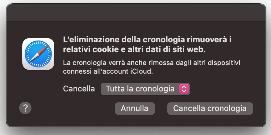 Ora devi confermare quanto della cronologia di Safari vuoi cancellare. Nel menu a discesa Cancella, seleziona Tutta la cronologia e clicca su Cancella cronologia.