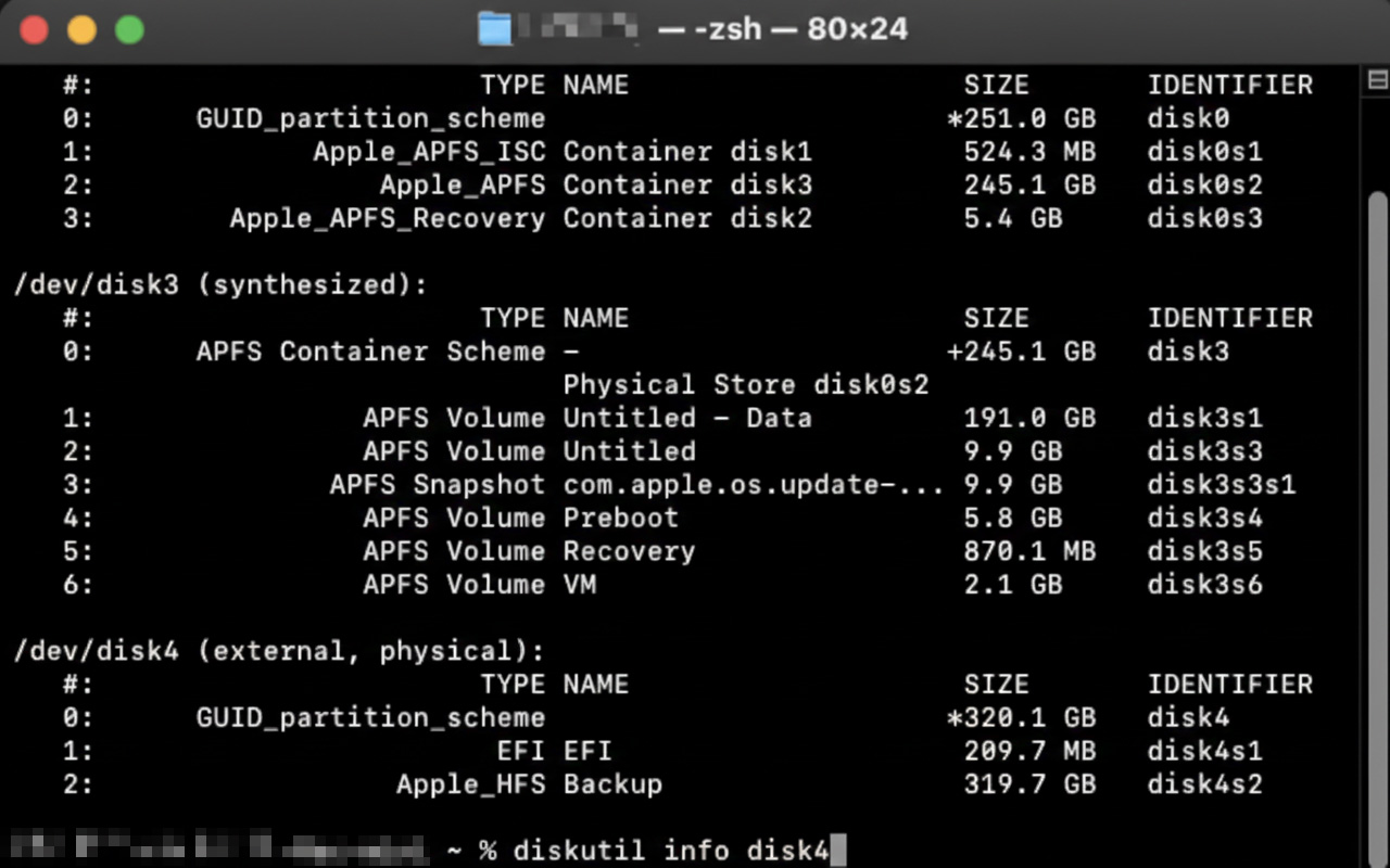 Agora, digite o comando diskutil info disk_, substituindo o sublinhado pelo número do seu disco rígido externo.