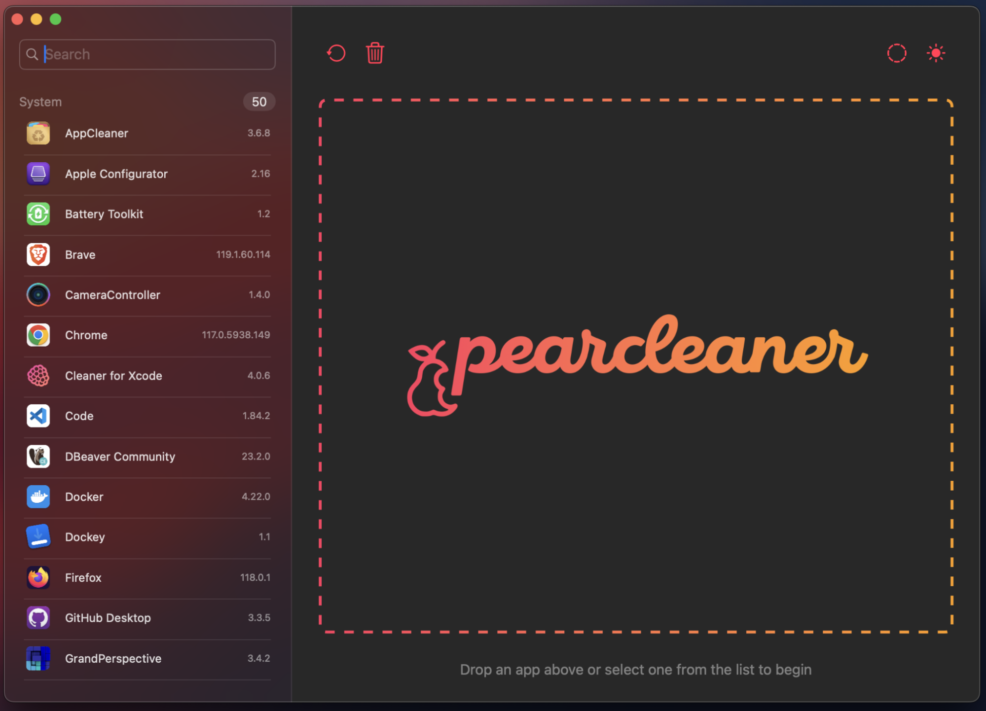 Pearcleaner is opened on a Mac screen. Use this app cleaner alternative to optimize your MacBook device. Simply select AppCleaner to get started.