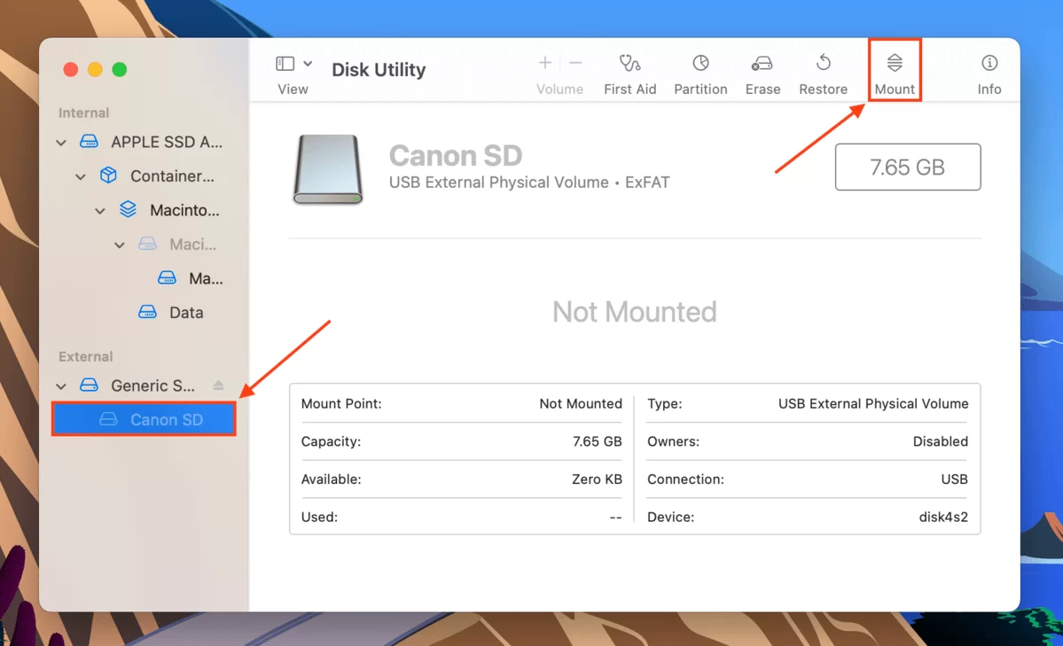 Select your SD card in Disk Utility, click the Mount button at the top, then wait for the volume to load in Finder.