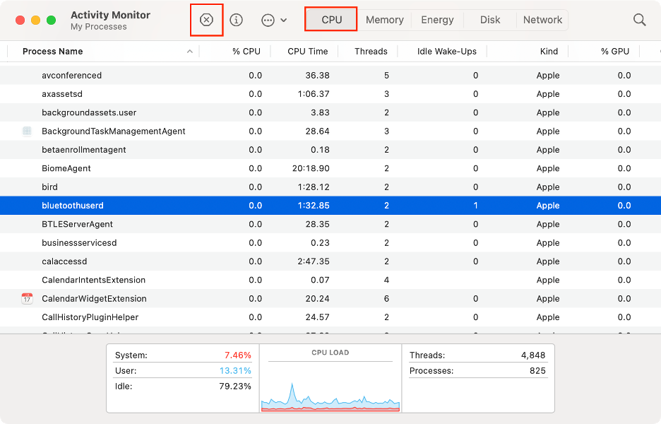 To solve Bluetooth issues on your Mac with macOS Sequoia, go to the CPU tab in Activity Monitor, select all Bluetooth processes, and click the X icon to force-quit them.