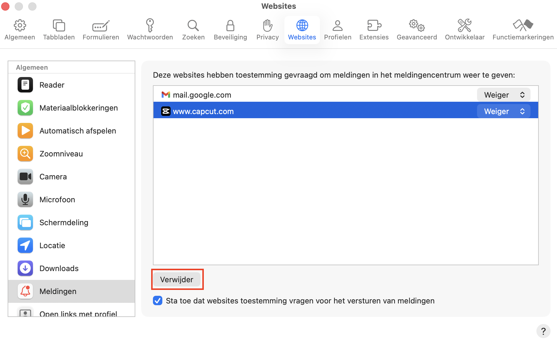 De website instellingen van Safari met de optie ‘Meldingen’ geselecteerd. Eén website is geselecteerd en ‘Verwijder’ is gemarkeerd. Dit maakt deel uit van de veelgestelde vragen over nep McAfee pop-ups op een Mac.