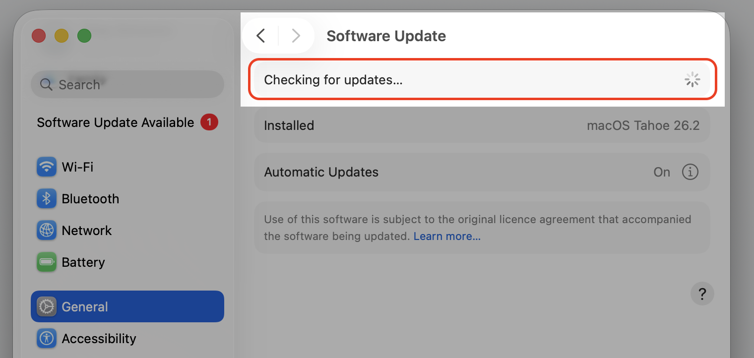 macOS Software Update screen on an Apple computer, checking for available updates to patch identityservicesd bugs on your MacBook.