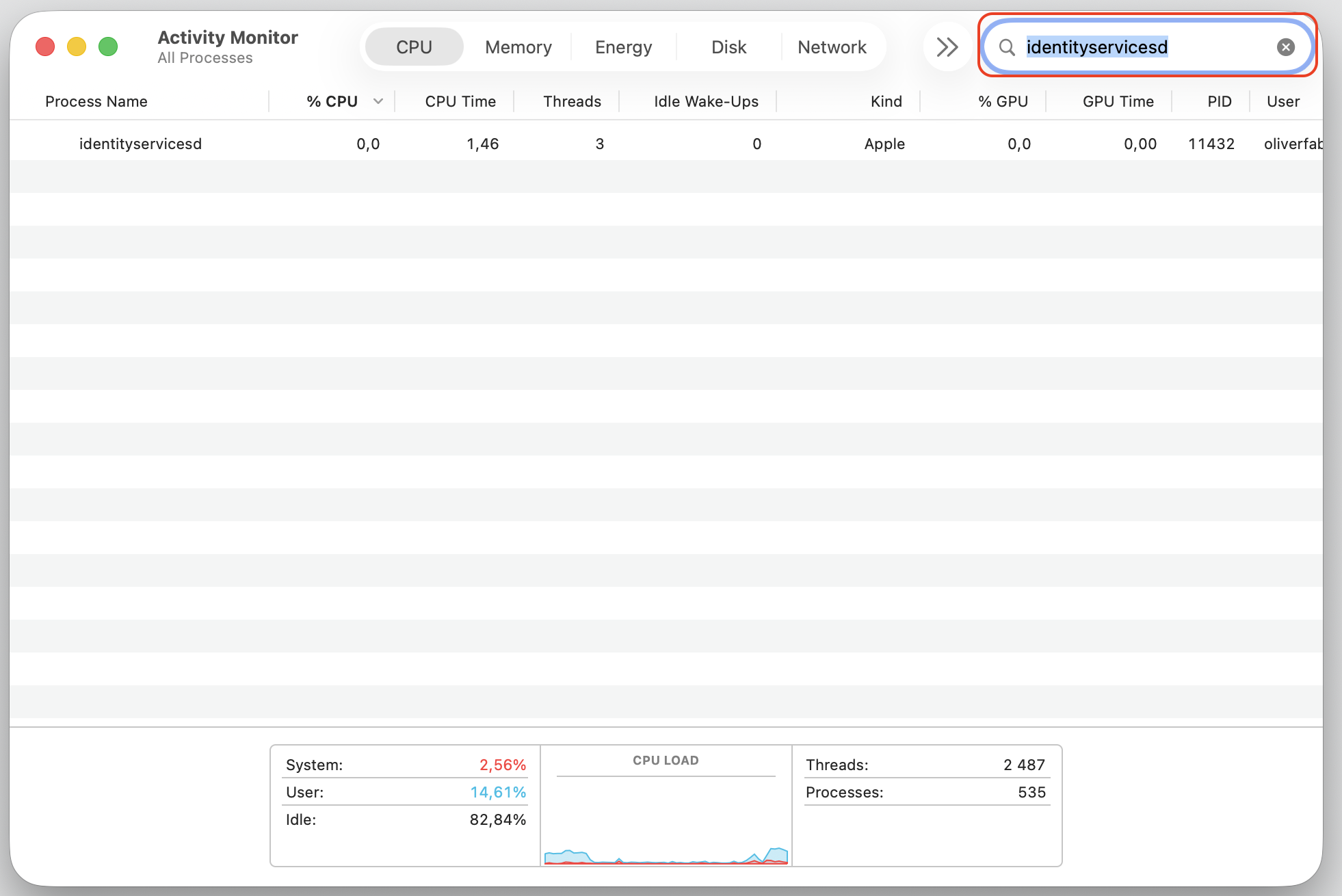 Activity Monitor on a MacBook with identityservicesd typed into the search field, showing the high CPU process running on macOS.