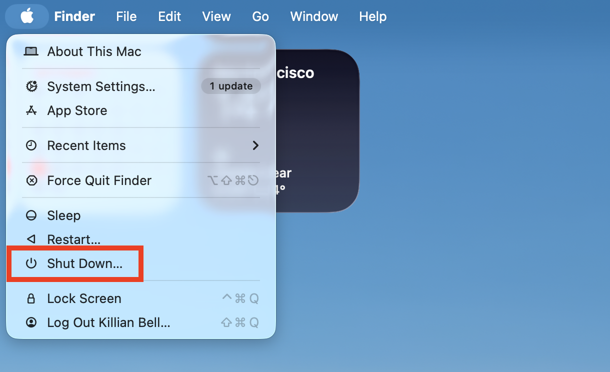 The Shut Down option inside the Apple menu on Mac. Shut down your computer to reset its PRAM/NVRAM when you find Disk Utility not loading on Mac.