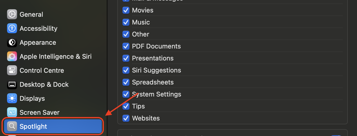 Open System Settings, then navigate to Spotlight to manage search preferences, customize indexed locations, and optimize system search functionality.