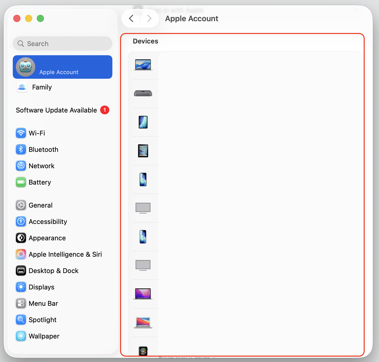 macOS System Settings on a MacBook showing the Devices list under Apple Account to check each Apple device linked to your Apple ID.