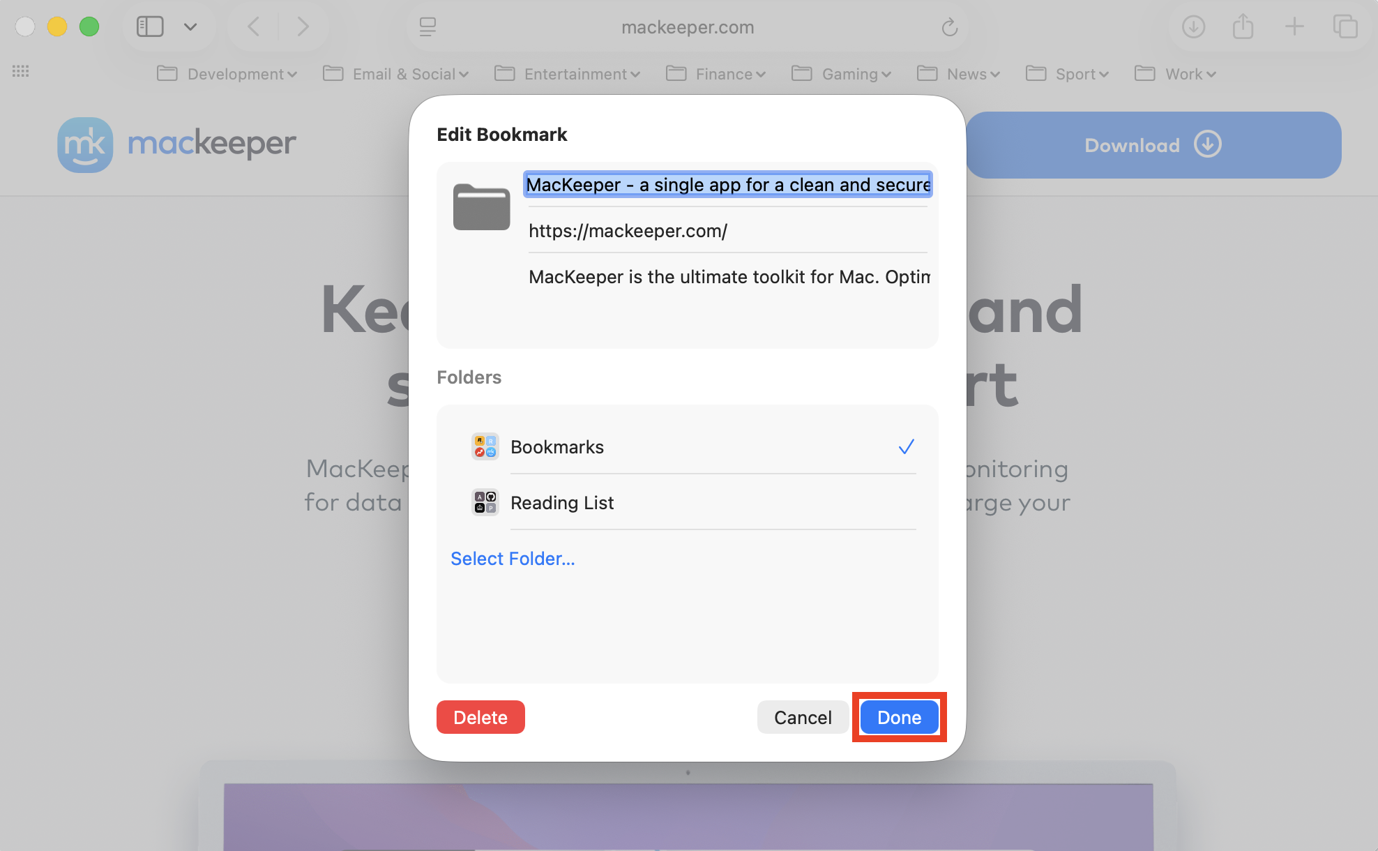 The Edit Bookmark window inside Safari on Mac. After you learn how to favorite a website on Mac, use the Edit Bookmark feature to change its name and where the favorite is saved.