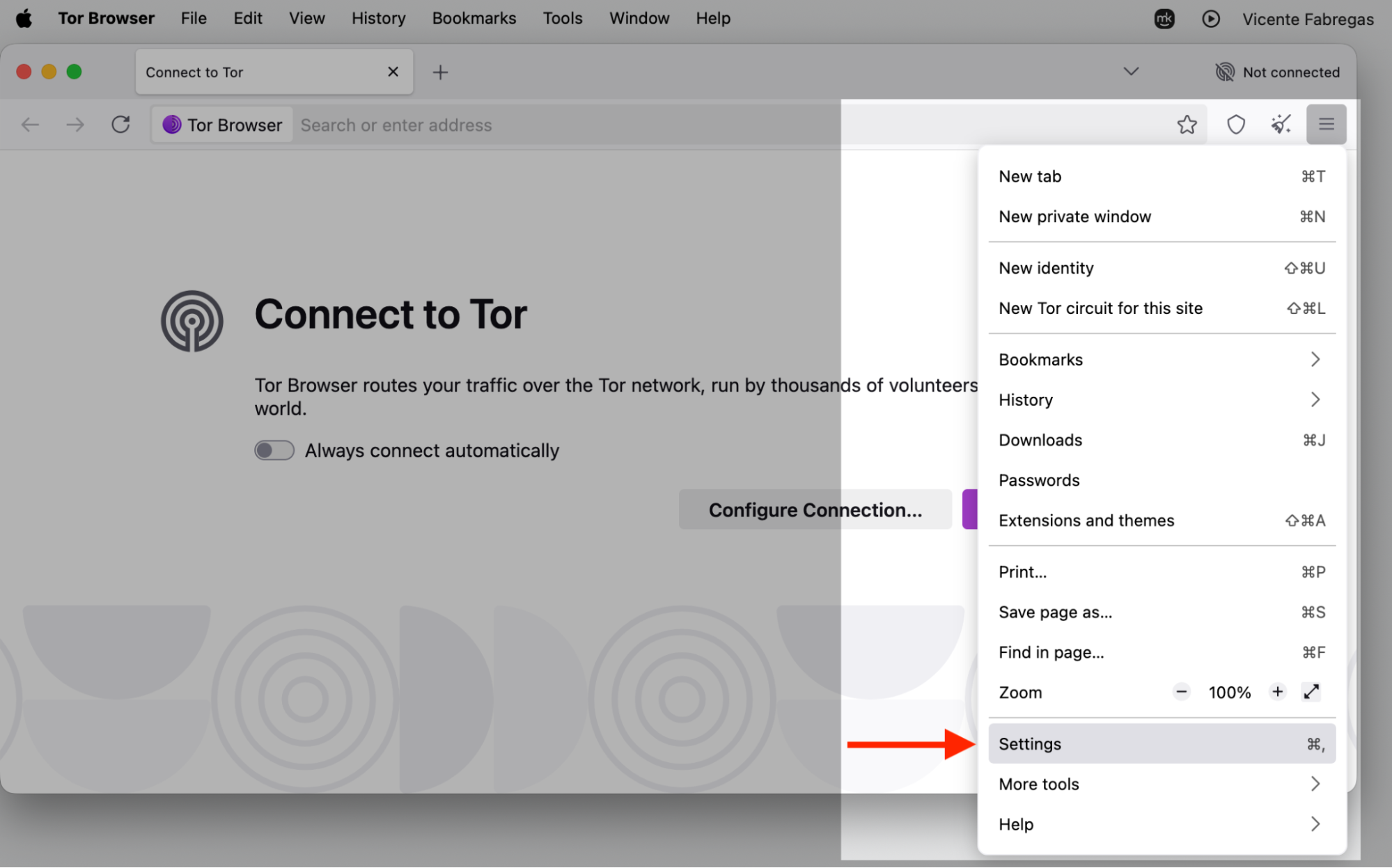 Tor Browser's open menu on a MacBook, with Settings highlighted near the bottom to reach the security options for safer browsing on your Mac.