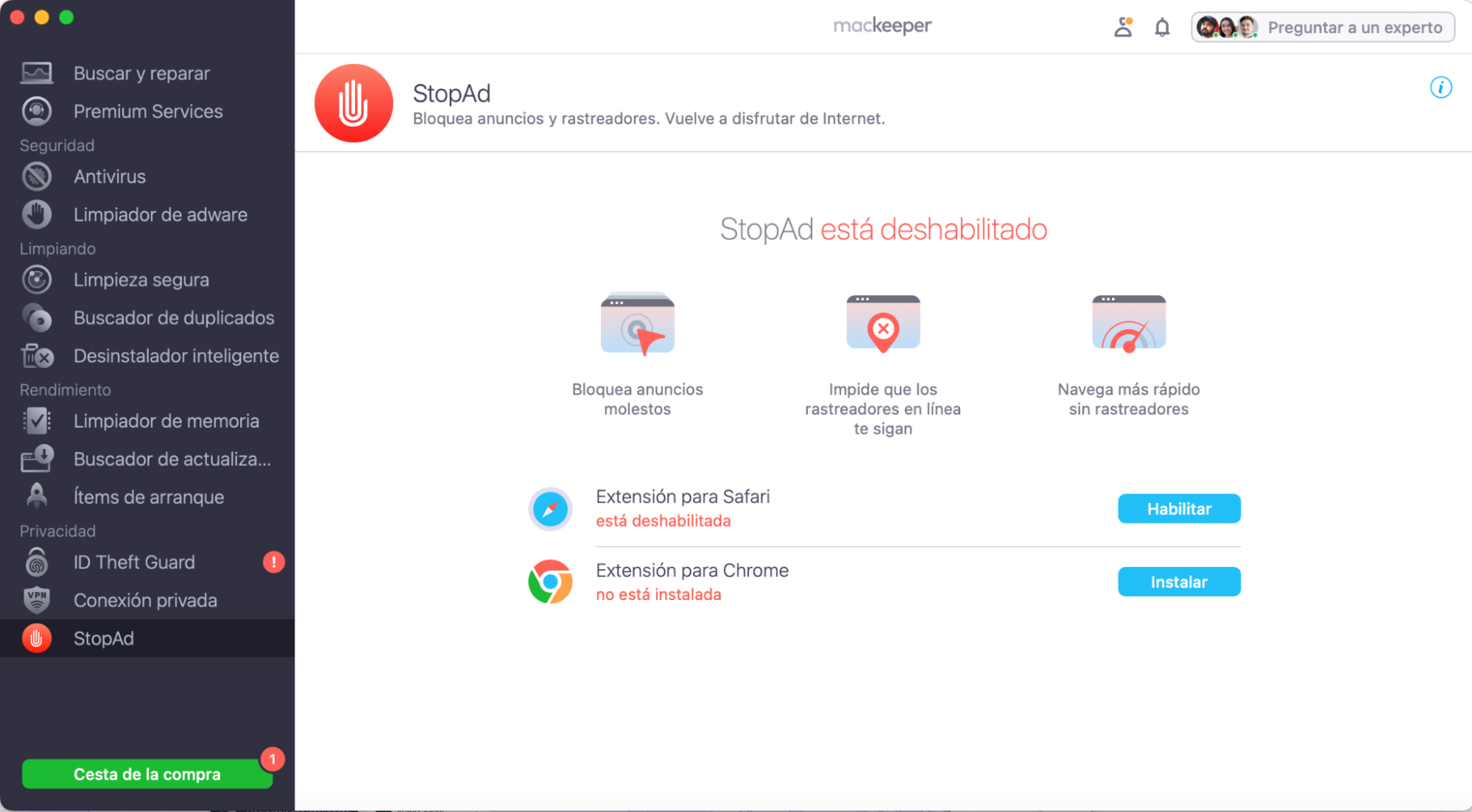 Para habilitar las funciones StopAd de MacKeeper en tu MacBook, abre la aplicación y haz clic en la función StopAd en el menú de la izquierda. A continuación, podrás habilitar la extensión en el navegador que elijas haciendo clic en Habilitar.
