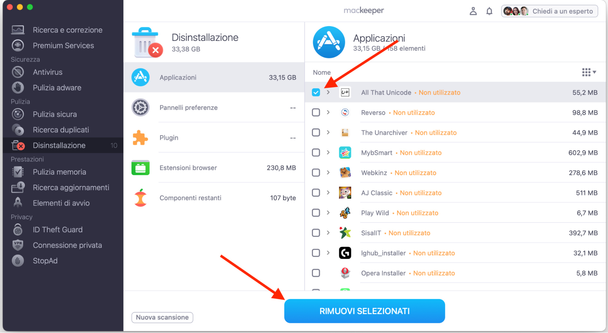 Su Mac, MacKeeper mostra lo strumento Disinstallazione. Per disinstallare le app, seleziona quelle che vuoi rimuovere, poi fai clic su Rimuovi selezionati.