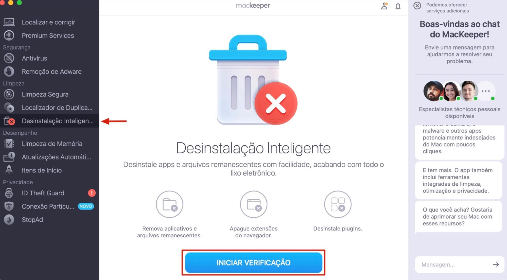 No Mac, o MacKeeper exibe a ferramenta Desinstalação Inteligente para remover softwares indesejados. Clique em Iniciar Verificação para identificar todos os aplicativos instalados no seu computador.