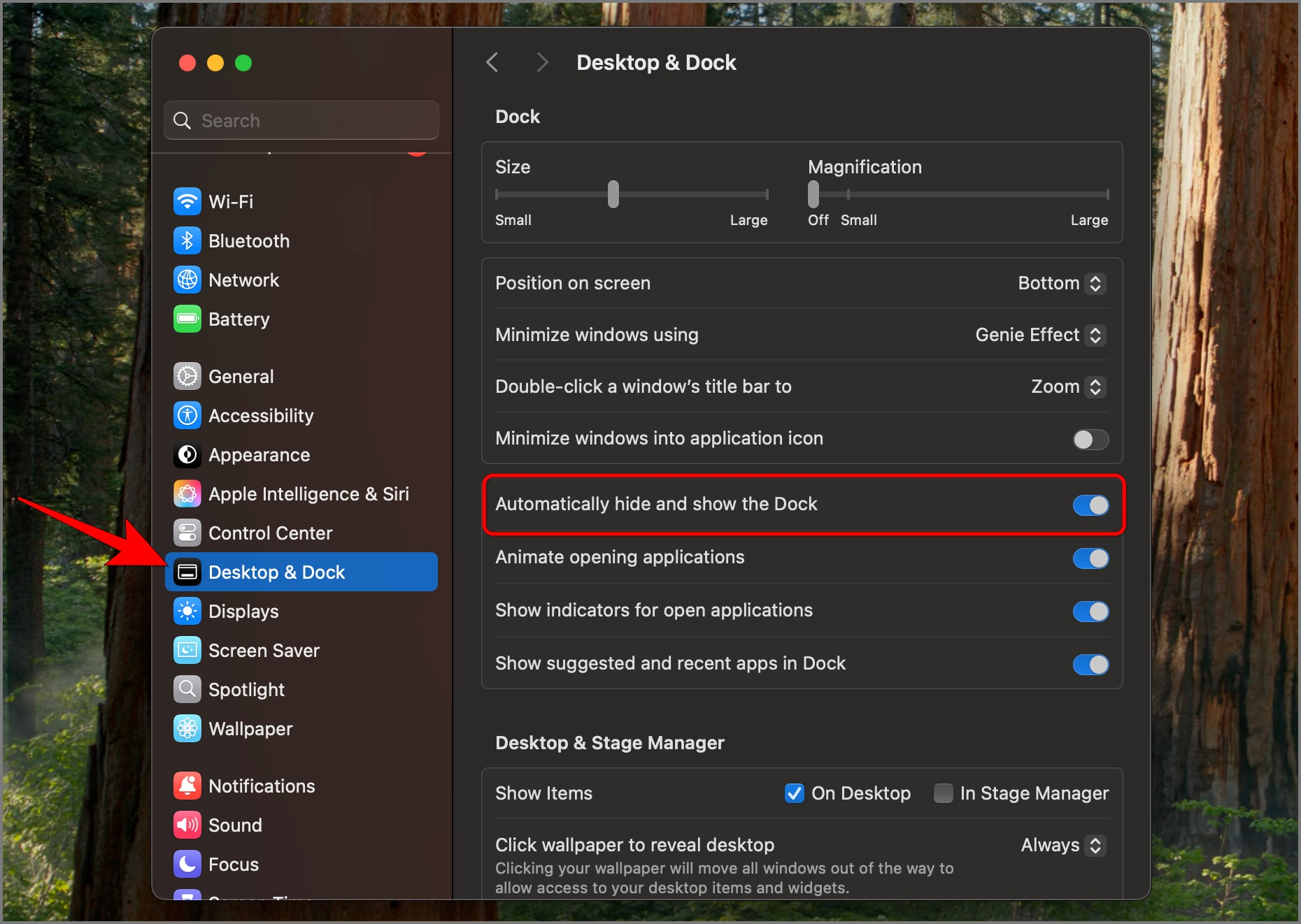 Open System Settings on your Mac, select Desktop & Dock, and enable Automatically hide and show the Dock to stop the Dock from jumping between screens.