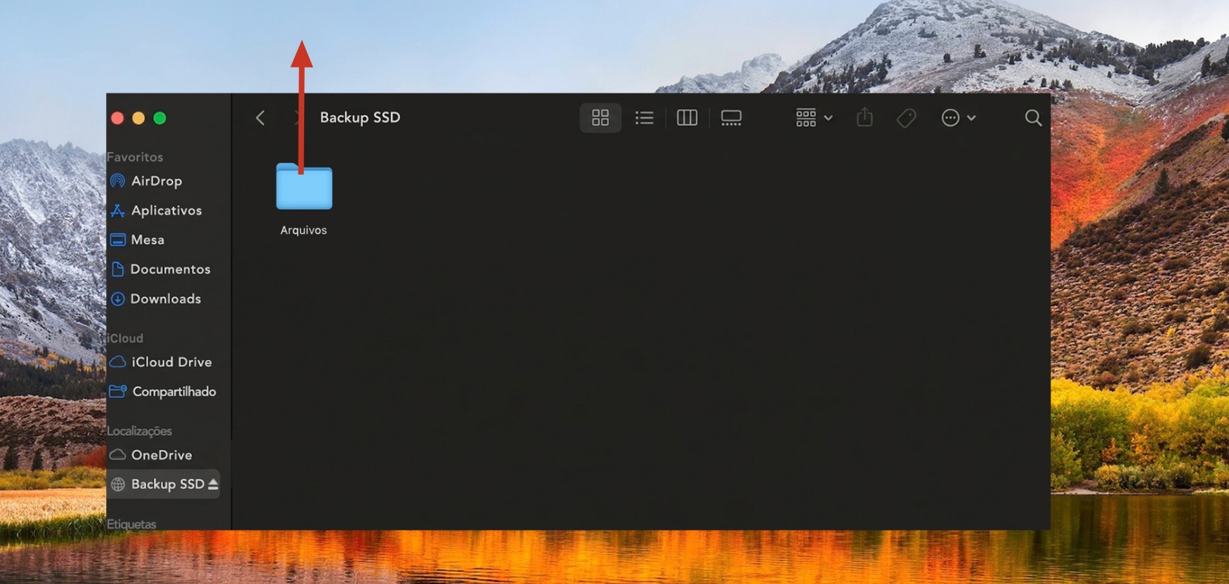 O Finder no Mac mostrando um disco externo. Para transferir arquivos do seu Mac antigo para o novo usando um disco rígido externo, arraste os arquivos da janela para uma pasta.