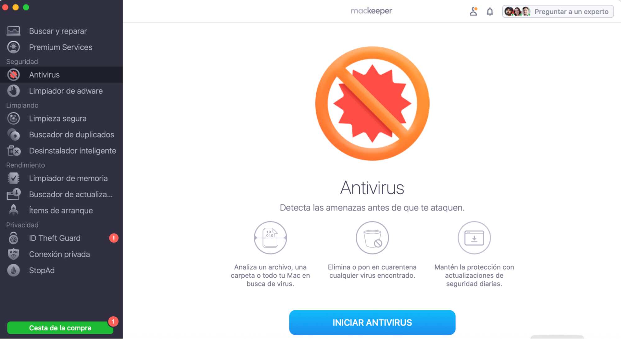 Para proteger tu Mac del malware, usa el Antivirus de MacKeeper. Abre MacKeeper y selecciona Antivirus en el menú de la izquierda, y haz clic en Iniciar análisis.