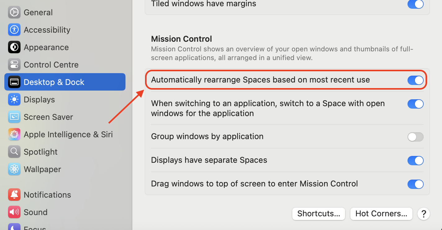 In the Mission Control section, toggle off Automatically rearrange Spaces to keep your desktop order fixed and reduce potential graphical conflicts.